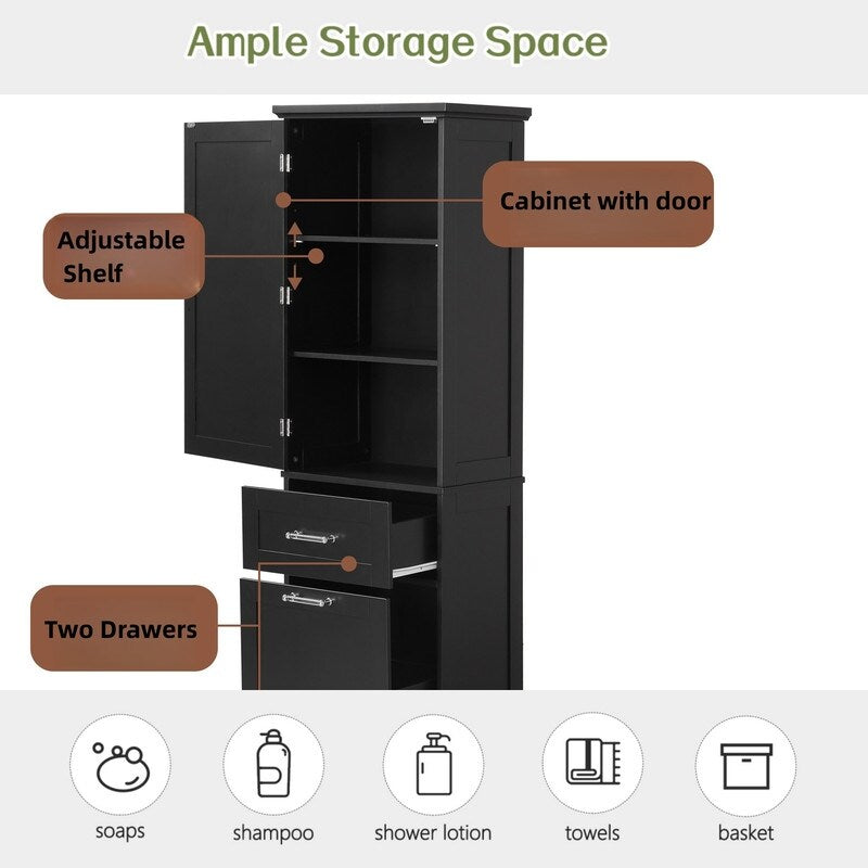 Tall Bathroom Storage Cabinet, Freestanding Storage Cabinet with Two Different Size Drawers and Adjustable Shelf