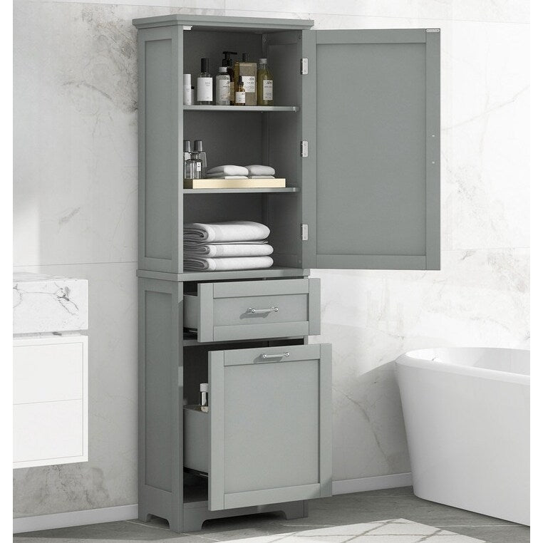 Tall Bathroom Storage Cabinet, Freestanding Storage Cabinet with Two Different Size Drawers and Adjustable Shelf