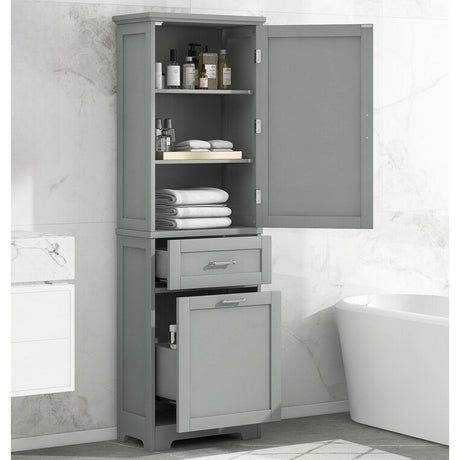 Tall Bathroom Storage Cabinet, Freestanding Storage Cabinet with Two Different Size Drawers and Adjustable Shelf