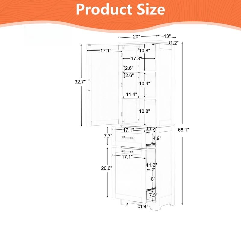 Tall Bathroom Storage Cabinet, Freestanding Storage Cabinet with Two Different Size Drawers and Adjustable Shelf