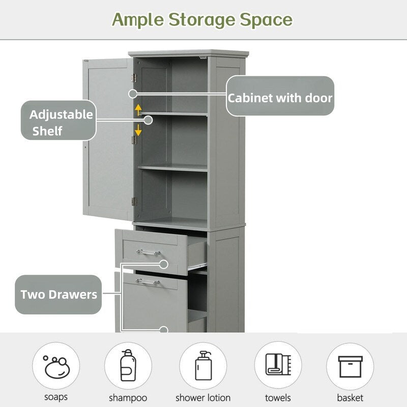 Tall Bathroom Storage Cabinet, Freestanding Storage Cabinet with Two Different Size Drawers and Adjustable Shelf