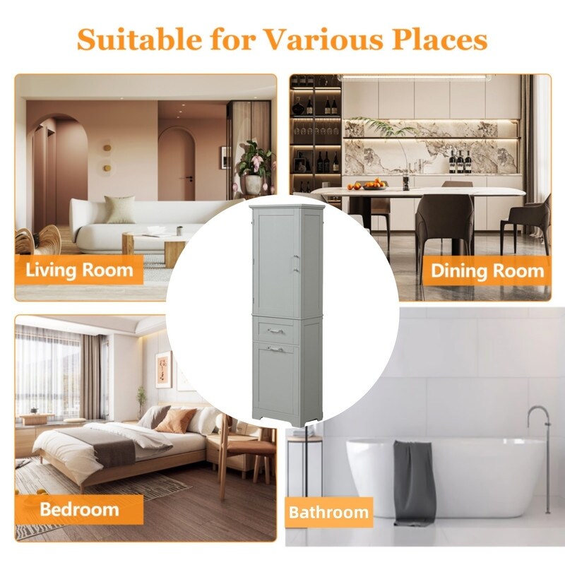 Tall Bathroom Storage Cabinet, Freestanding Storage Cabinet with Two Different Size Drawers and Adjustable Shelf