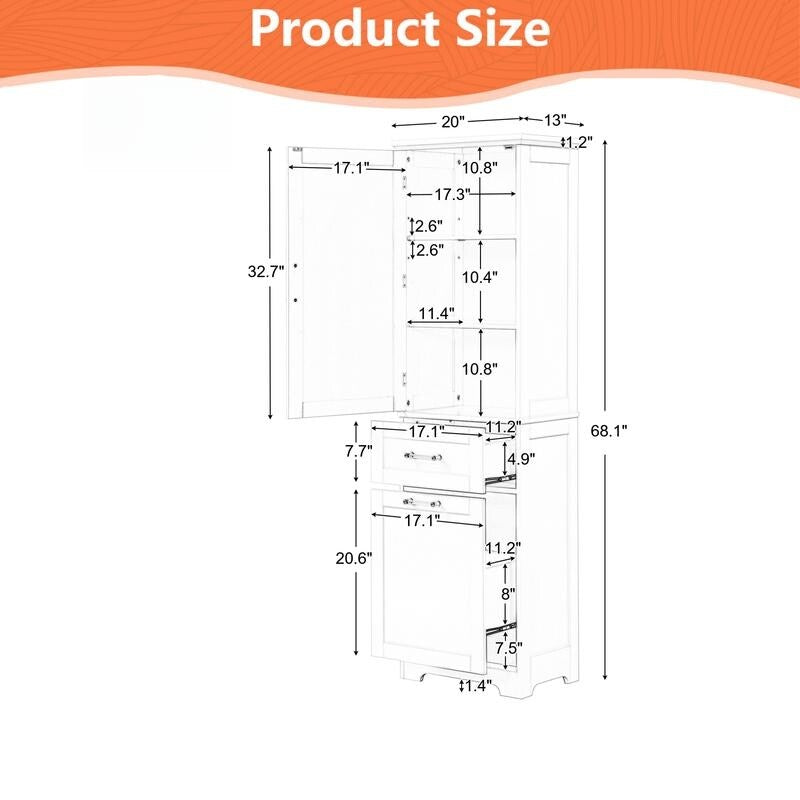 Tall Bathroom Storage Cabinet, Freestanding Storage Cabinet with Two Different Size Drawers and Adjustable Shelf