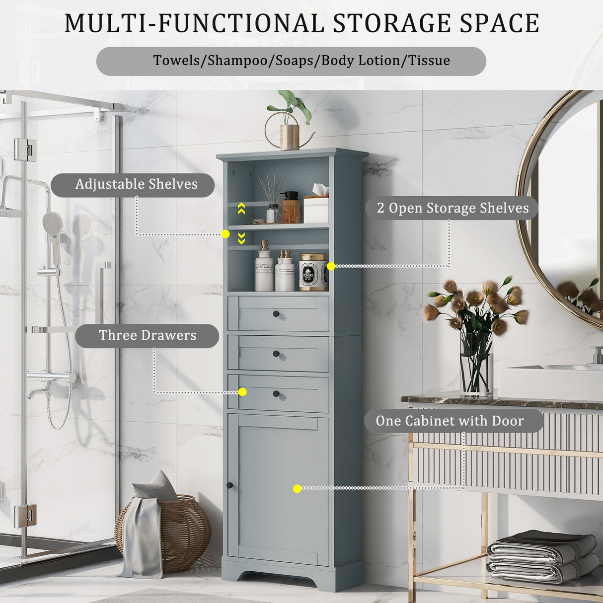 Tall Storage Cabinet with 3 Drawers and Shelves