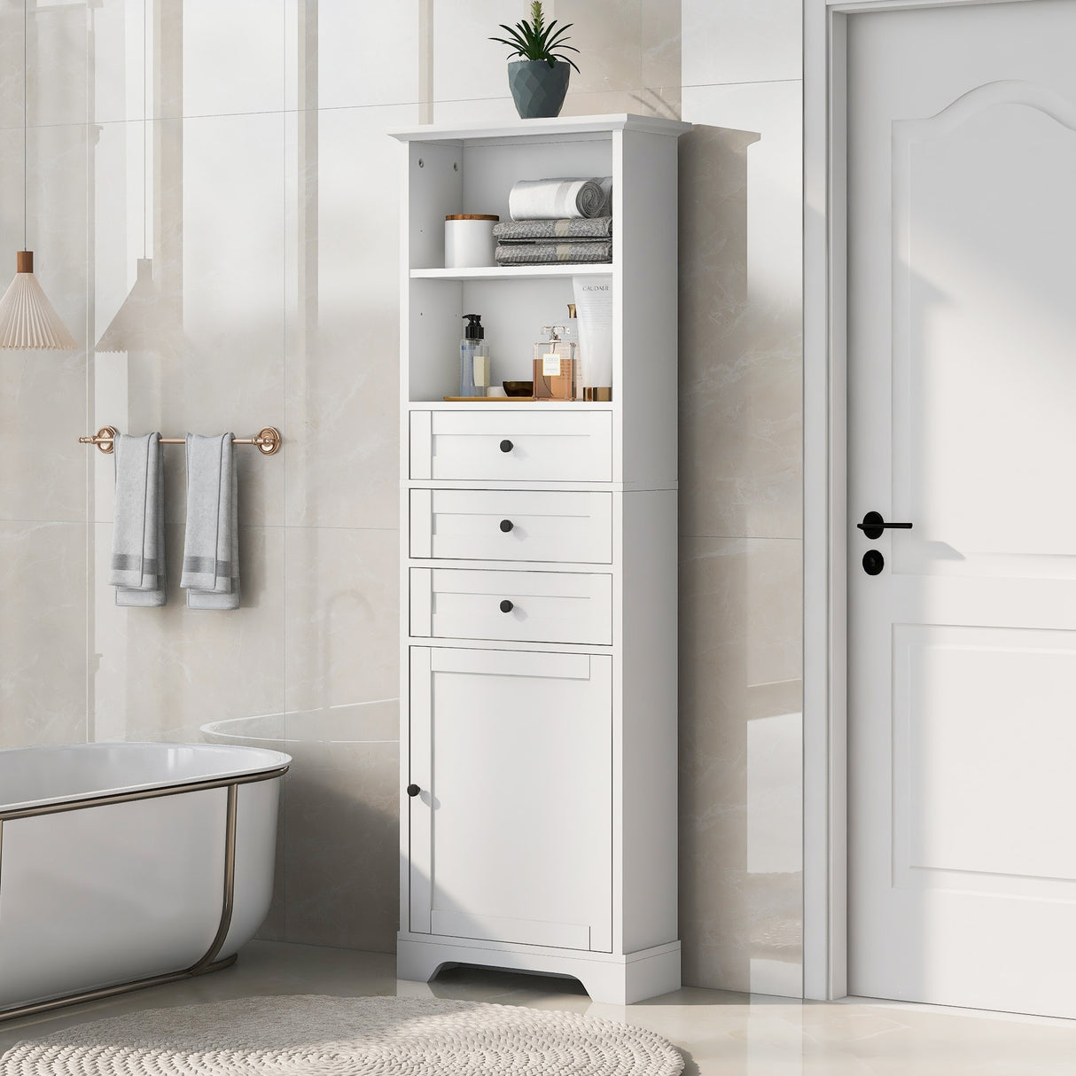 Tall Storage Cabinet with 3 Drawers and Shelves