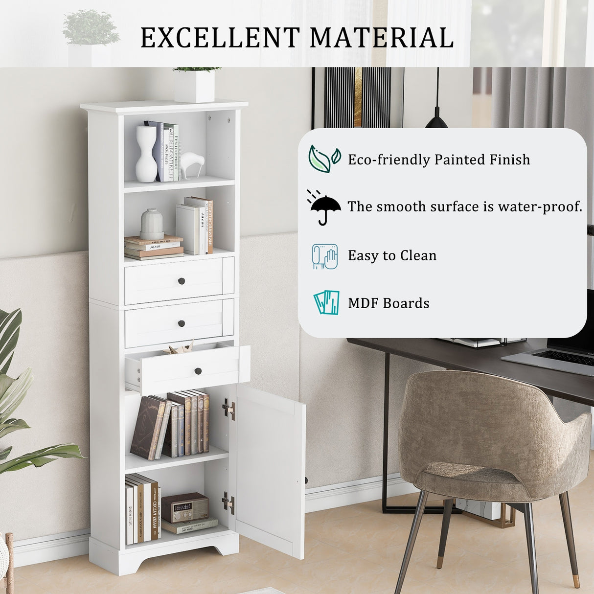 Tall Storage Cabinet with 3 Drawers and Shelves