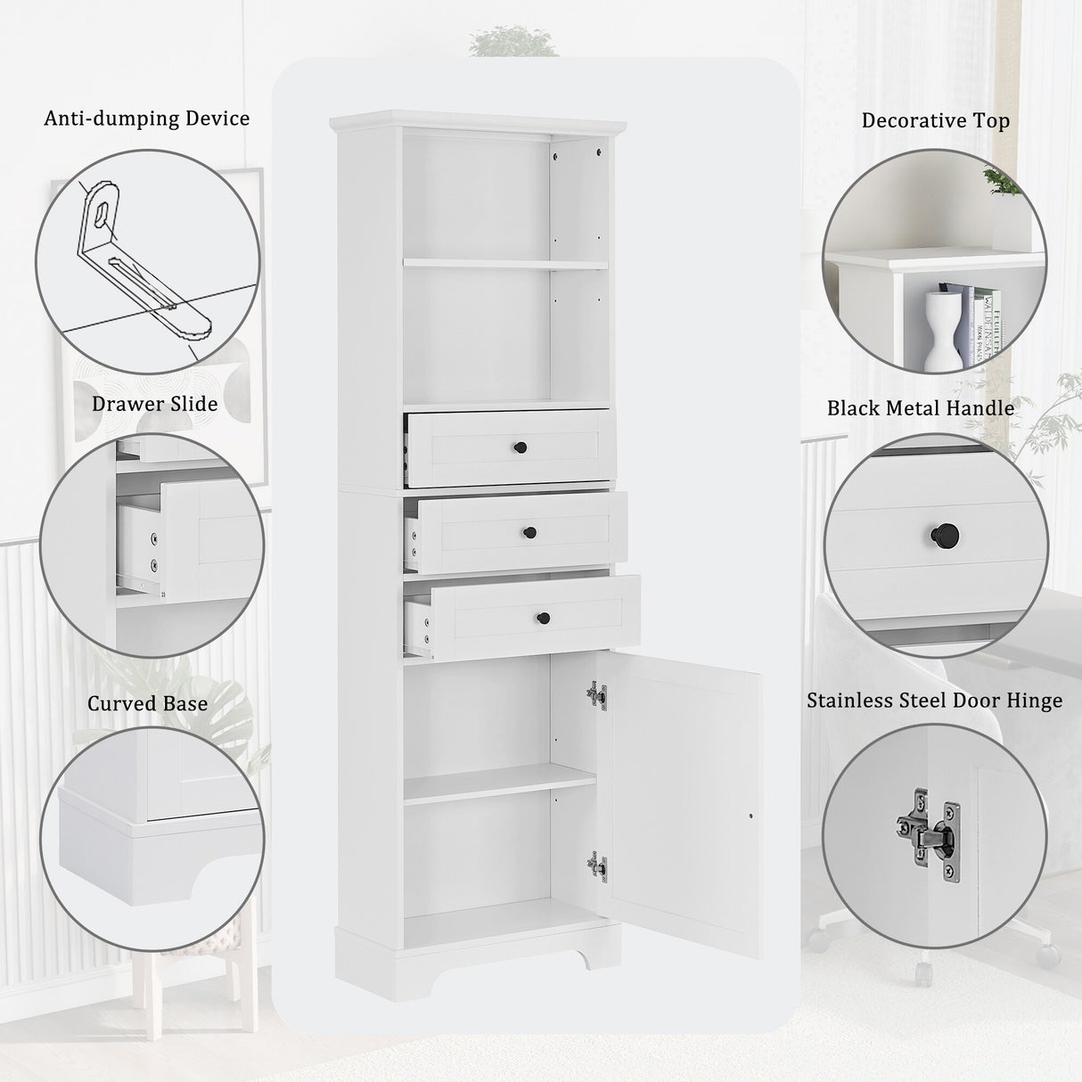 Tall Storage Cabinet with 3 Drawers and Shelves