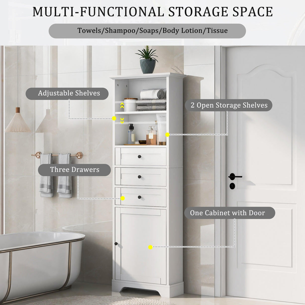 Tall Storage Cabinet with 3 Drawers and Shelves