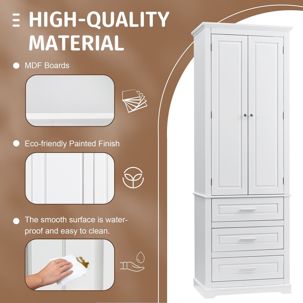 70" Tall Storage Cabinet with Doors and Three Drawers for Bathroom/Office