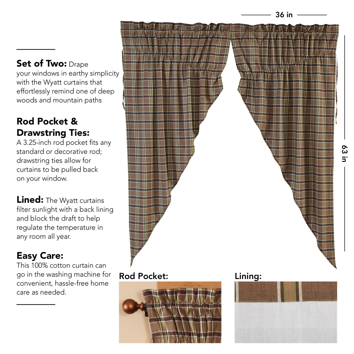 Tan Rustic Curtains VHC Wyatt Prairie Panel Pair Cotton Plaid - 63x36