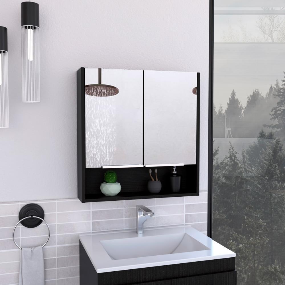 Tatacoa 25-inch Tall Double Door Mirror Cabinet with Open Shelf, and 3 Interior Shelves