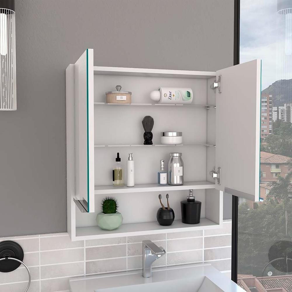 Tatacoa 25-inch Tall Double Door Mirror Cabinet with Open Shelf, and 3 Interior Shelves