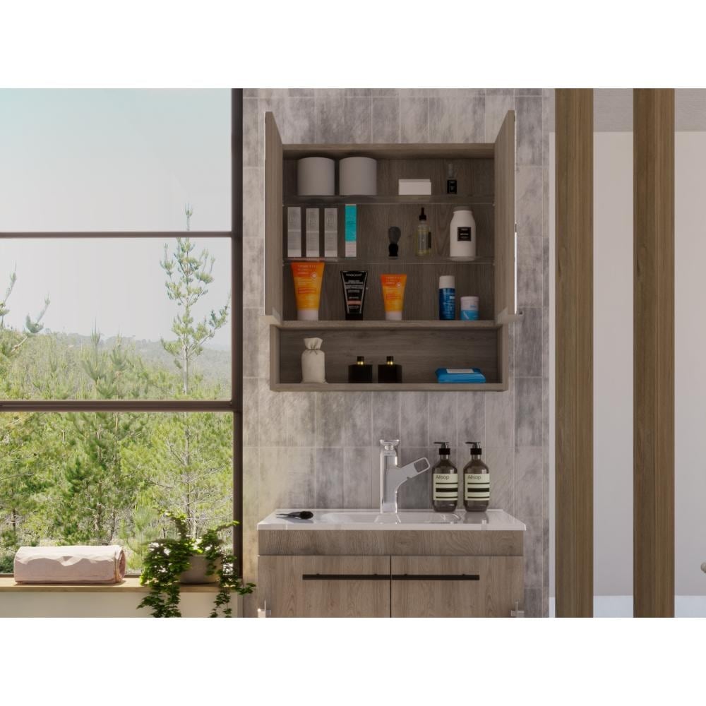 Tatacoa 25-inch Tall Double Door Mirror Cabinet with Open Shelf, and 3 Interior Shelves