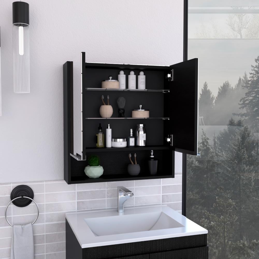 Tatacoa 25-inch Tall Double Door Mirror Cabinet with Open Shelf, and 3 Interior Shelves