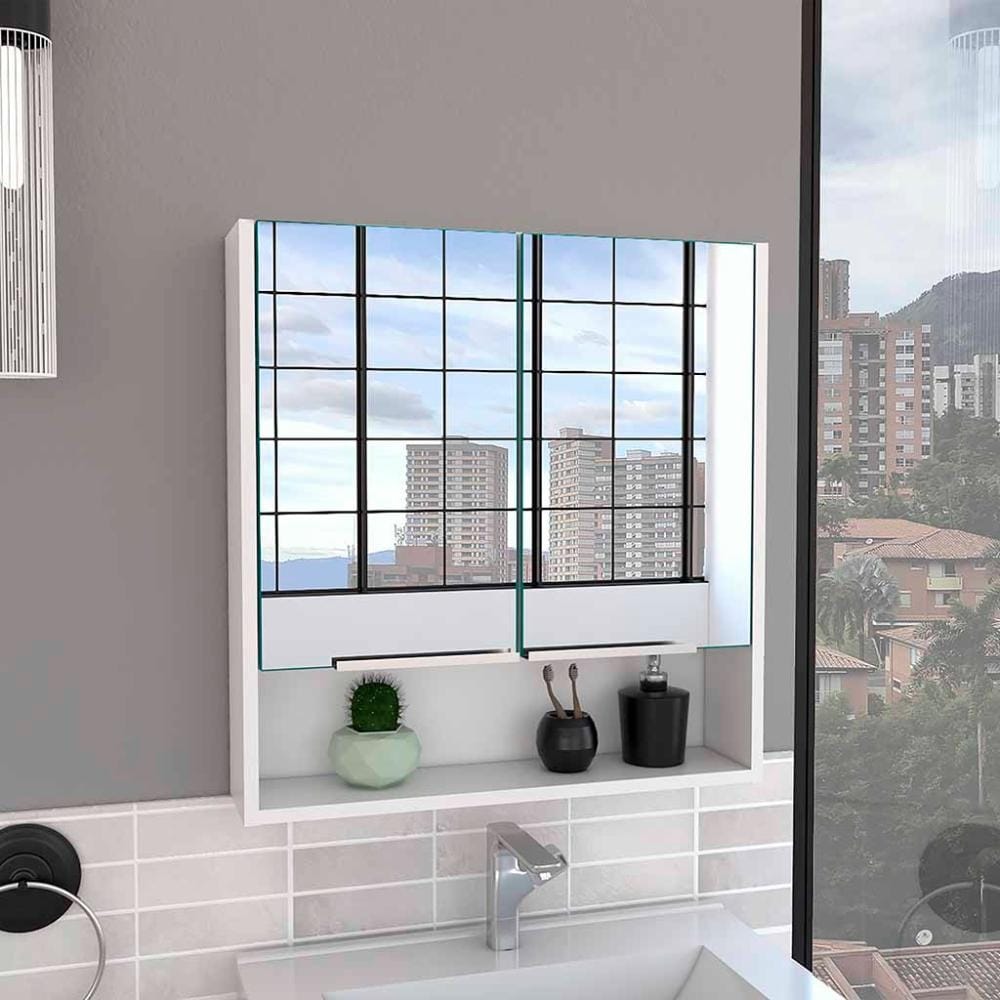 Tatacoa 25-inch Tall Double Door Mirror Cabinet with Open Shelf, and 3 Interior Shelves