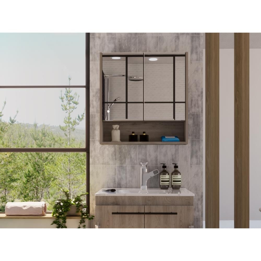 Tatacoa 25-inch Tall Double Door Mirror Cabinet with Open Shelf, and 3 Interior Shelves