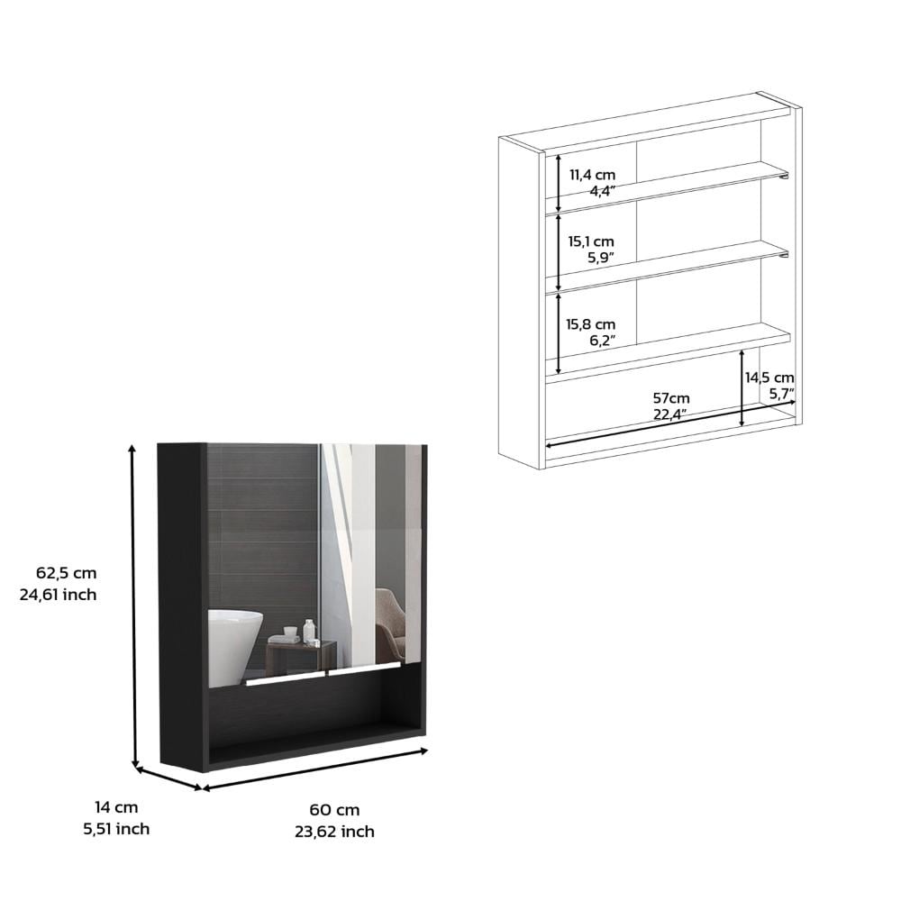Tatacoa 25-inch Tall Double Door Mirror Cabinet with Open Shelf, and 3 Interior Shelves