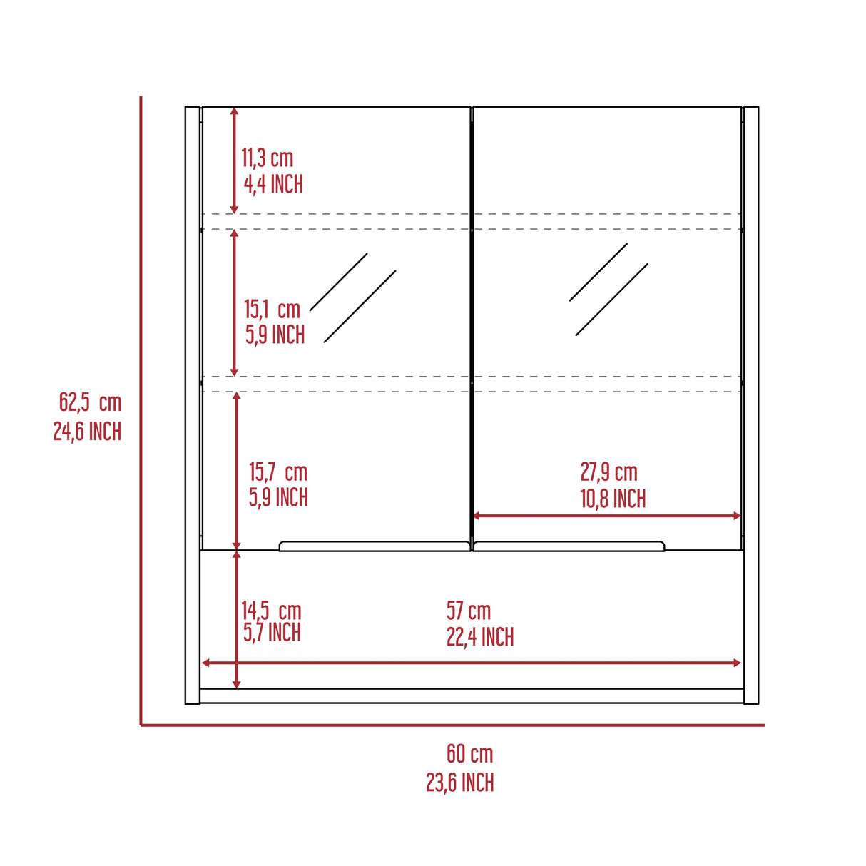 Tatacoa 25-inch Tall Double Door Mirror Cabinet with Open Shelf, and 3 Interior Shelves