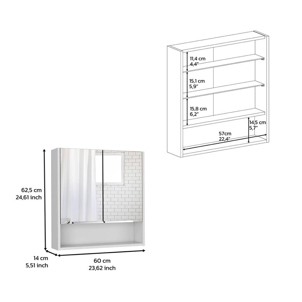 Tatacoa 25-inch Tall Double Door Mirror Cabinet with Open Shelf, and 3 Interior Shelves