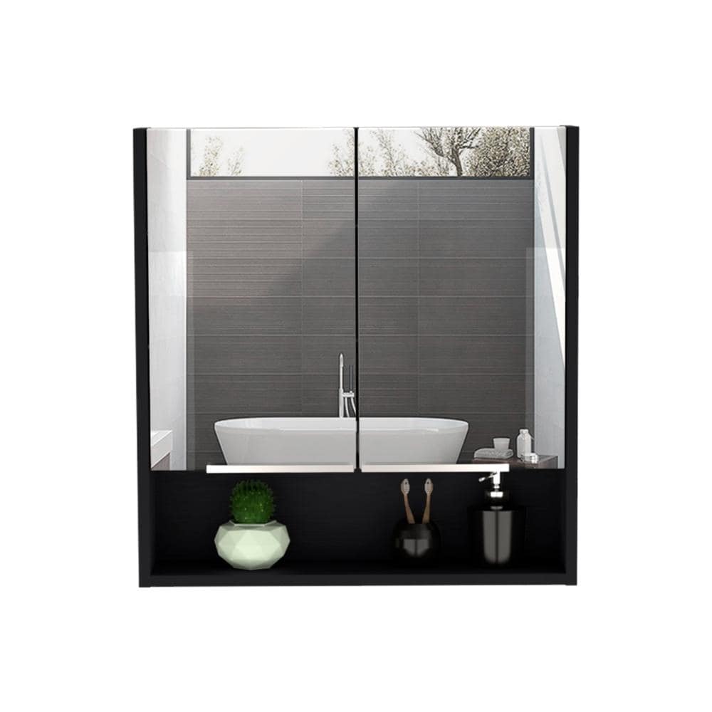 Tatacoa 25-inch Tall Double Door Mirror Cabinet with Open Shelf, and 3 Interior Shelves