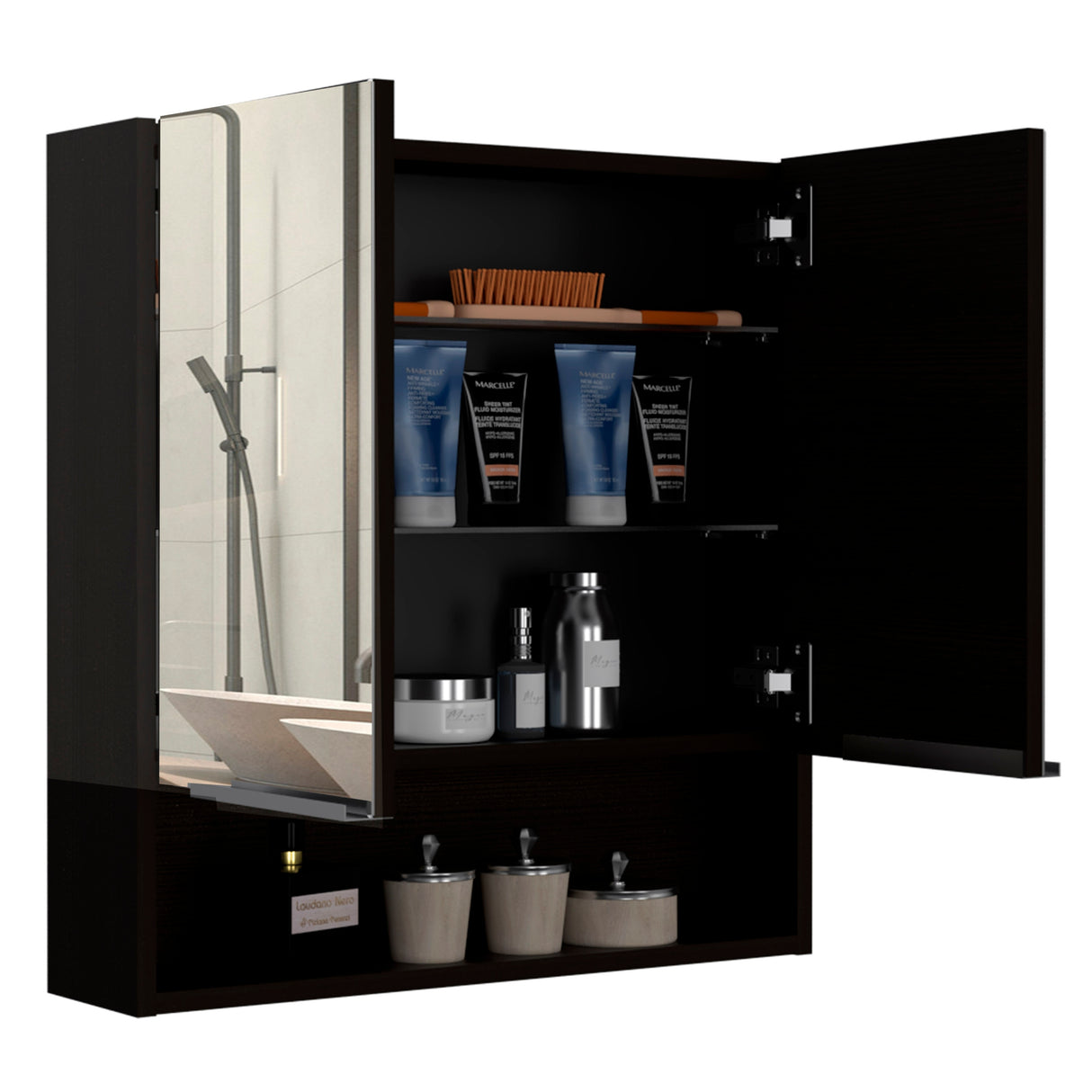 Tatacoa 25-inch Tall Double Door Mirror Cabinet with Open Shelf, and 3 Interior Shelves