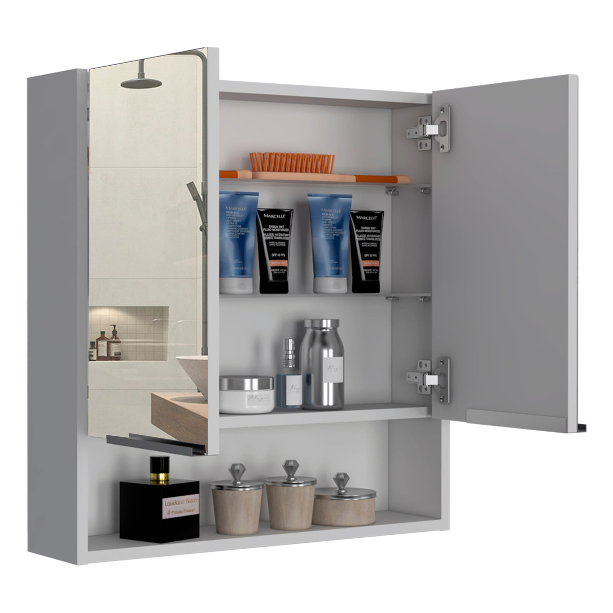 Tatacoa 25-inch Tall Double Door Mirror Cabinet with Open Shelf, and 3 Interior Shelves