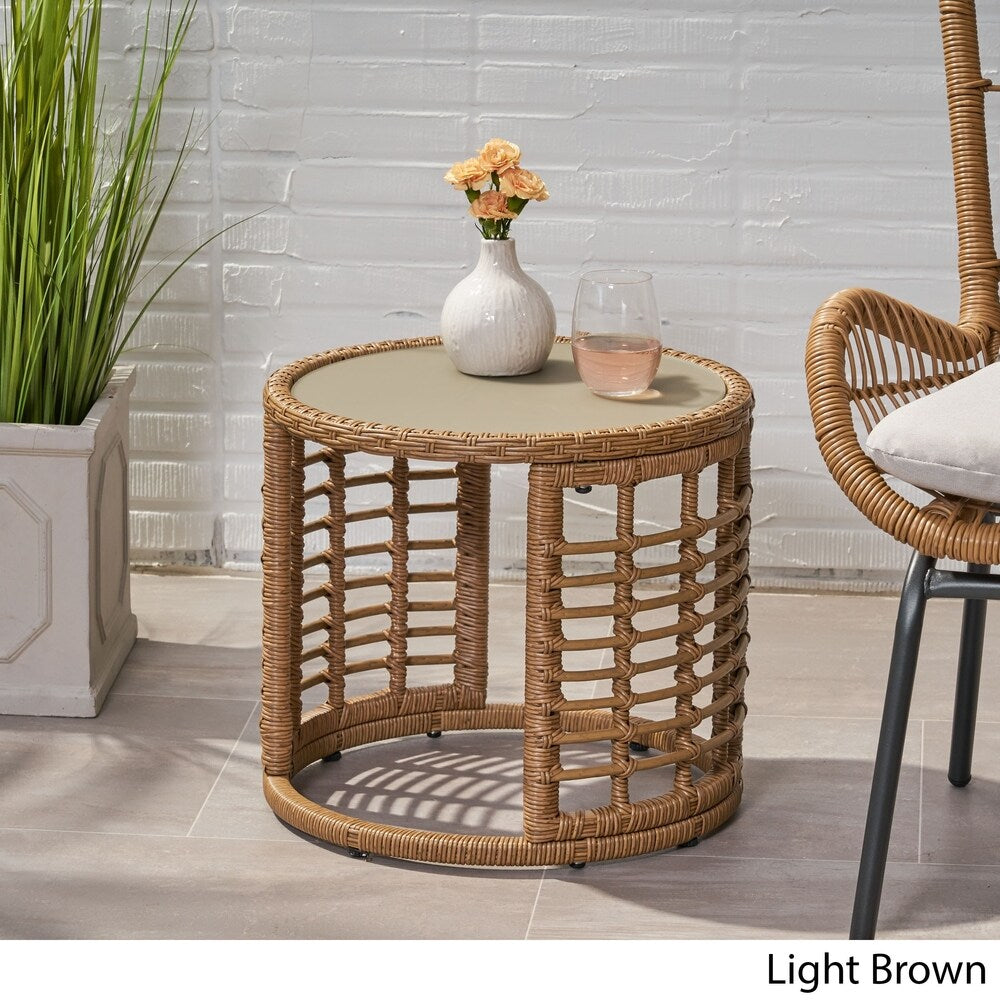 Tatiana Outdoor Modern Boho Wicker Side Table with Tempered Glass Top by Christopher Knight Home