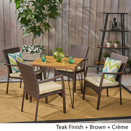 Tatum Outdoor Industrial Wood and Wicker 5 Piece Square Dining Set by Christopher Knight Home