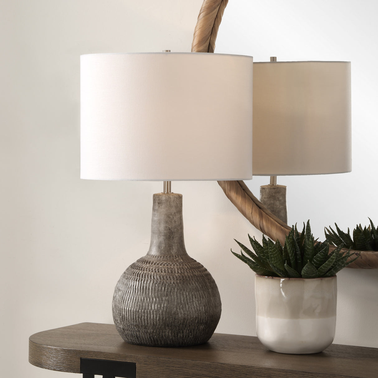 Taupe Gourd-shaped Heavily Textured Ceramic Table Lamp