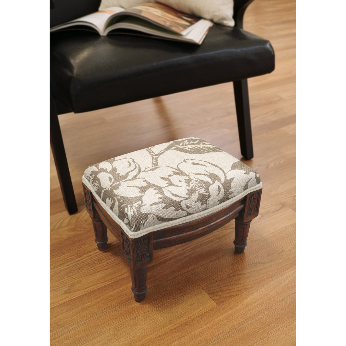 Taupe Magnolia Footstool with wood stained finish