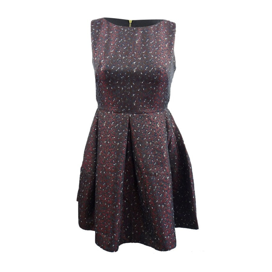 Taylor Women's Animal-Print Jacquard Fit & Flare Dress (12, Burgundy/Black/Gold)