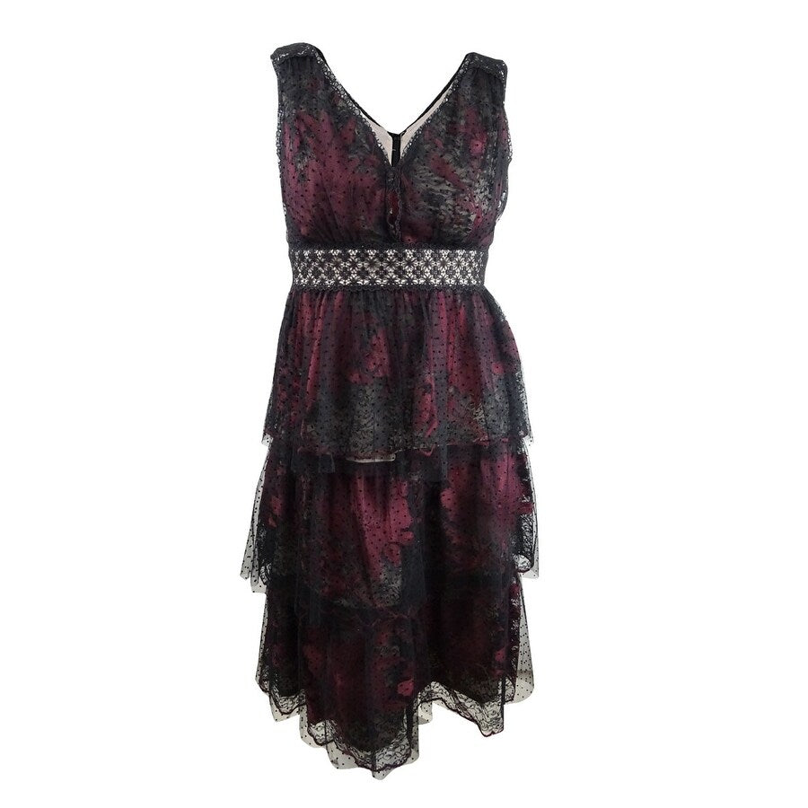 Taylor Women's Tiered Lace Tulle Midi Dress (6, Black/Burgundy)