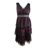 Taylor Women's Tiered Lace Tulle Midi Dress (6, Black/Burgundy)