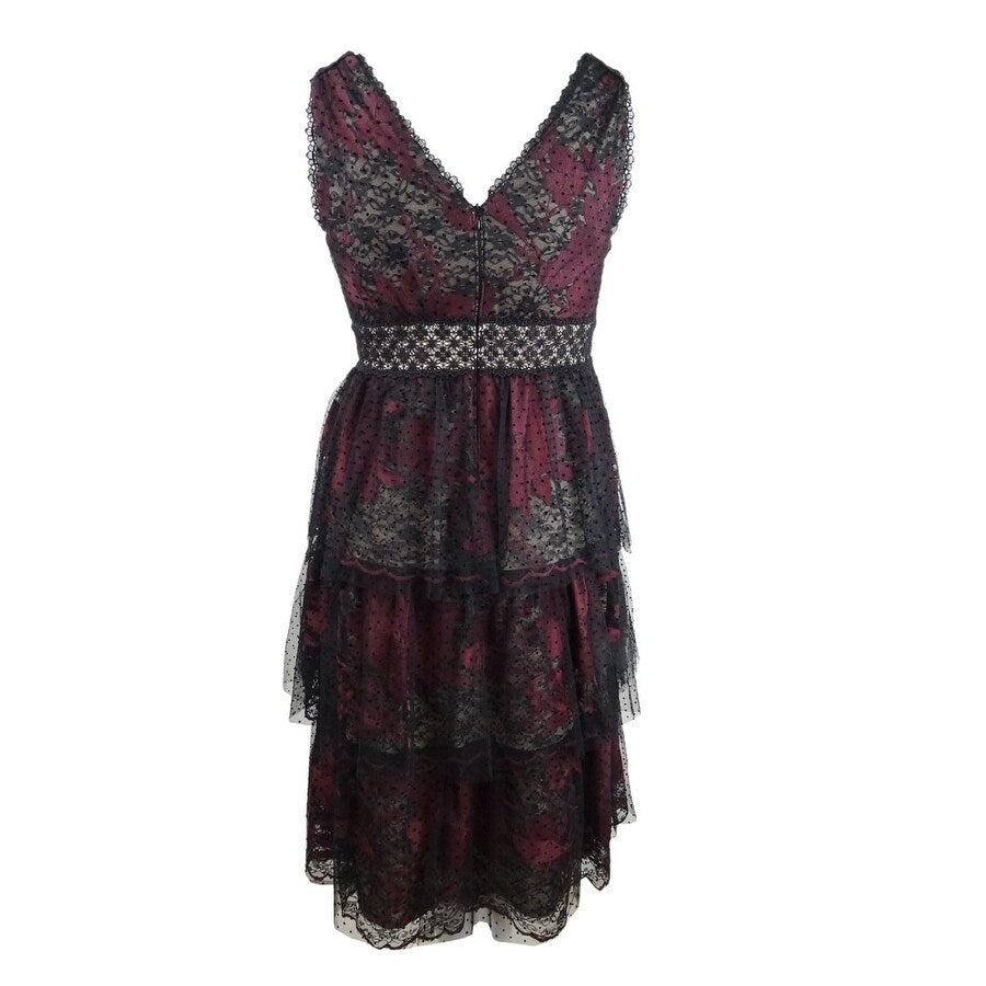 Taylor Women's Tiered Lace Tulle Midi Dress (6, Black/Burgundy)