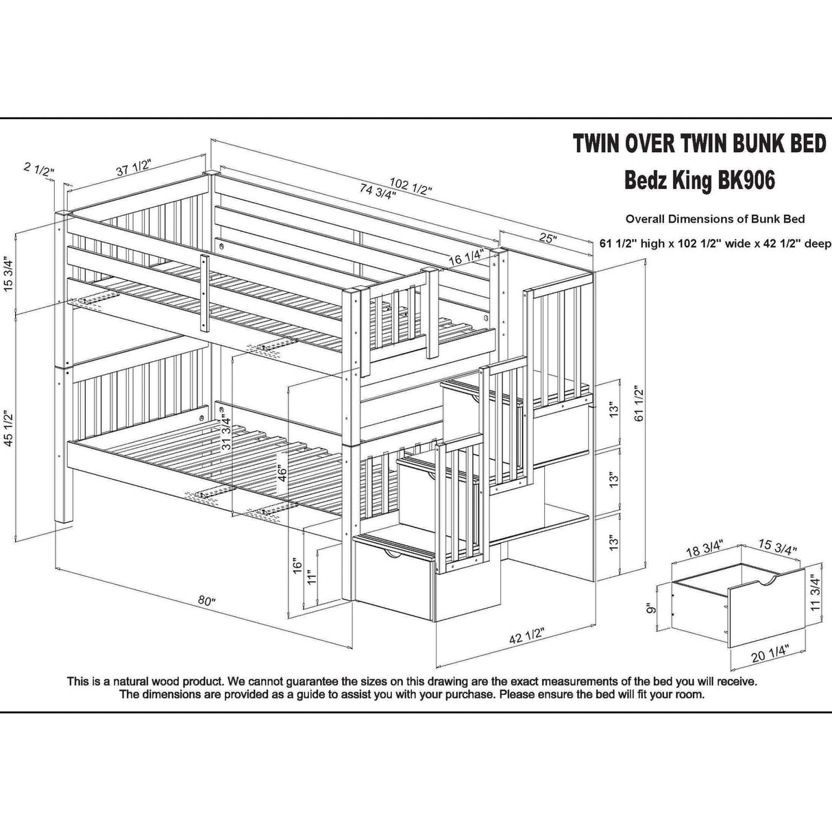 Taylor & Olive Trillium Twin over Twin Stairway Bunk Bed, Twin Trundle