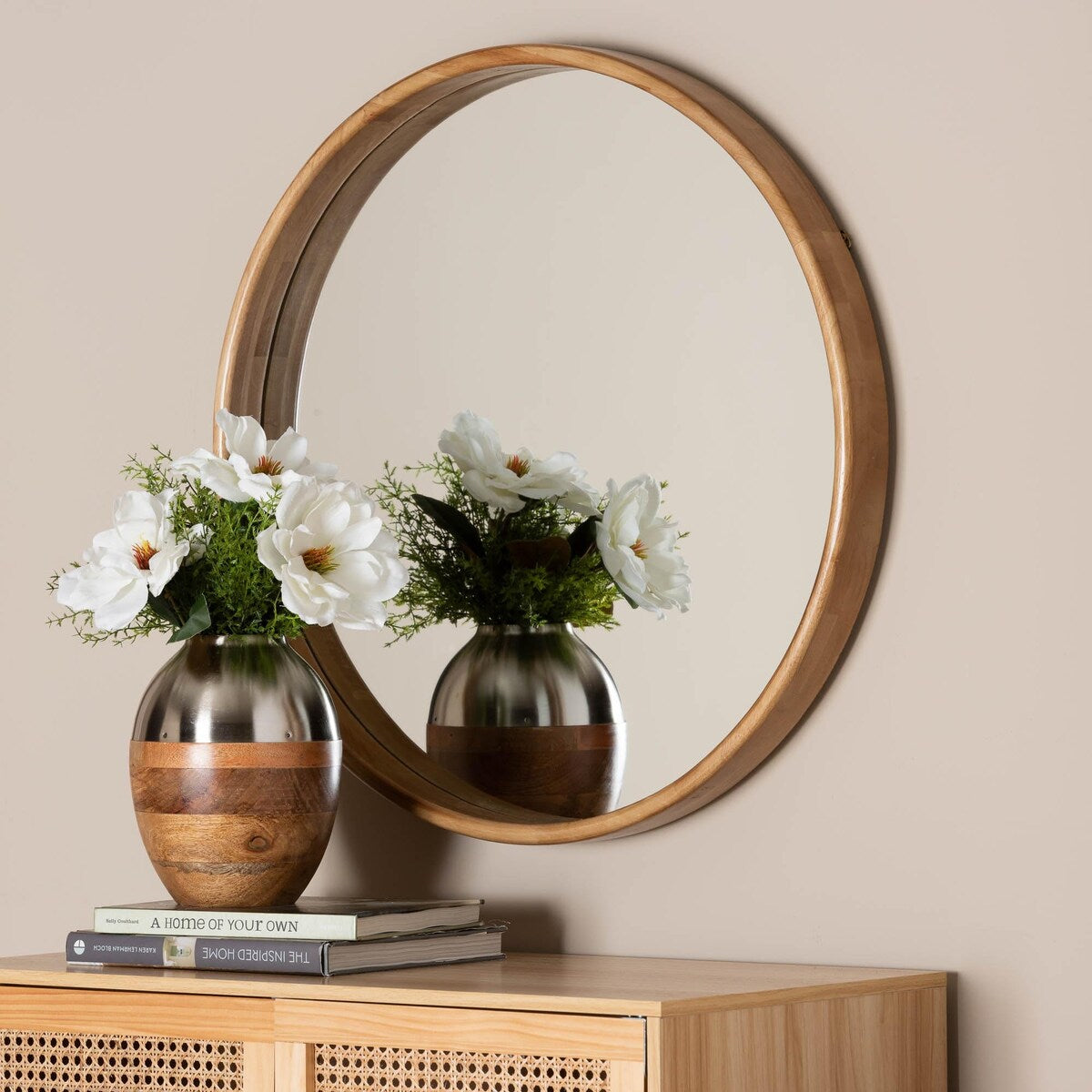 Tazara Japandi Natural Round Accent Wall Mirror - Brown