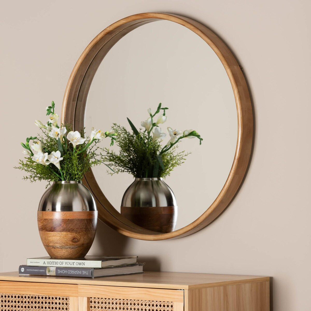 Tazara Japandi Natural Round Accent Wall Mirror - Brown