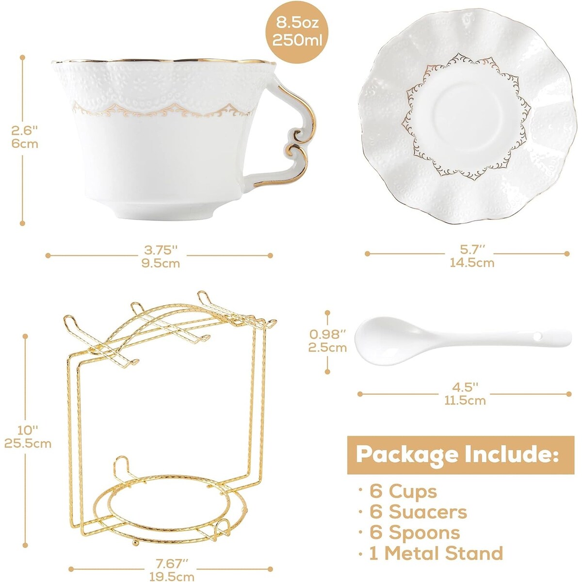 Tea Cups and Saucers Relief Printing Coffee Cups with Metal Stand