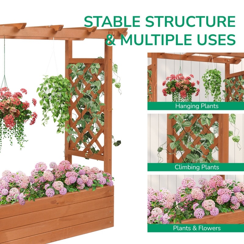 Teak Color Wood Outdoor Planter Box with Trellis