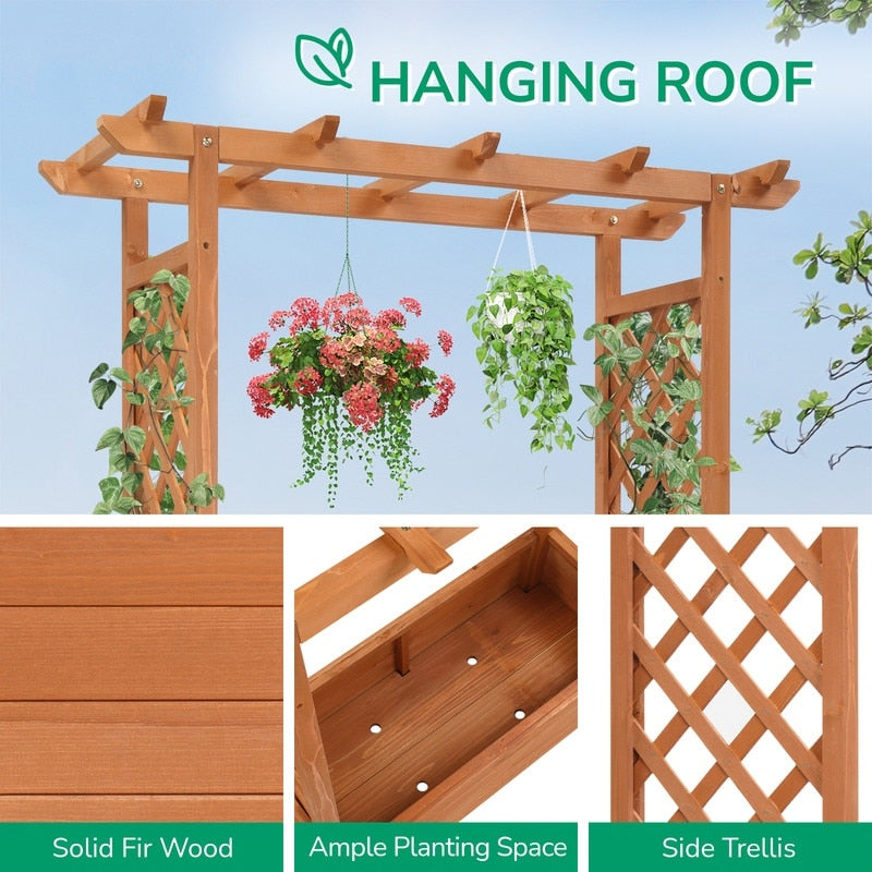 Teak Color Wood Outdoor Planter Box with Trellis