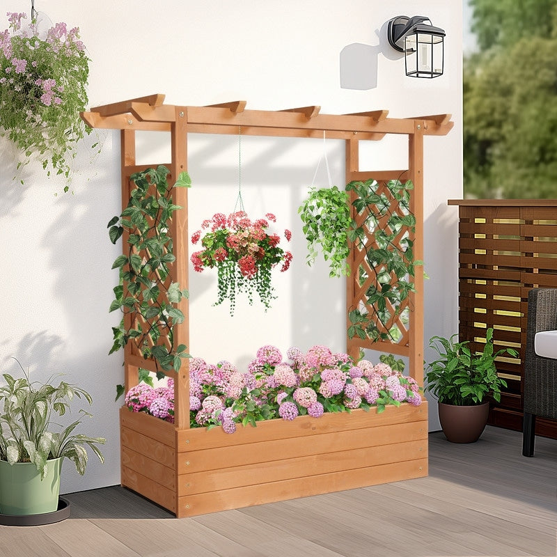Teak Color Wood Outdoor Planter Box with Trellis