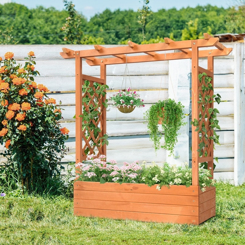 Teak Color Wood Outdoor Planter Box with Trellis