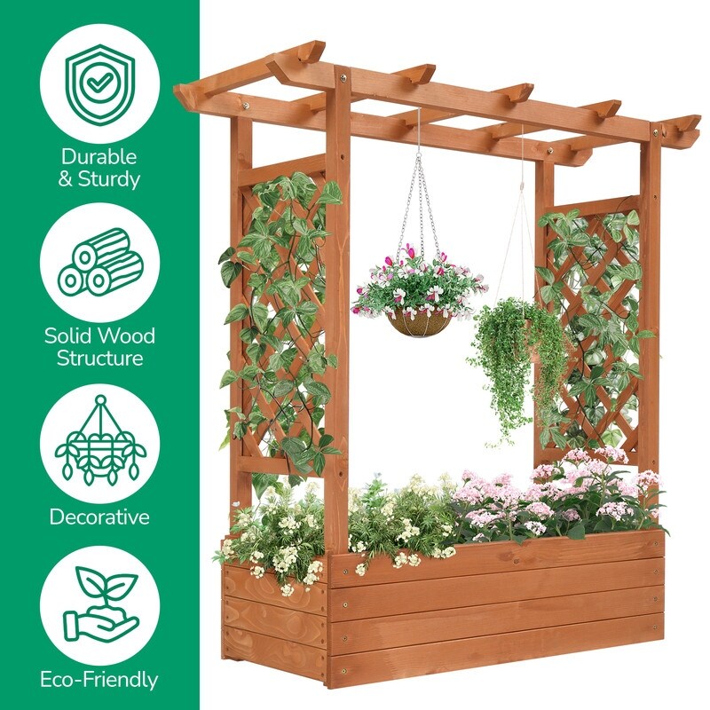 Teak Color Wood Outdoor Planter Box with Trellis