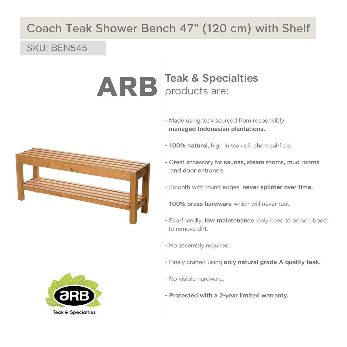 Teak Shower Bench Coach 47" (120 cm) with shelf