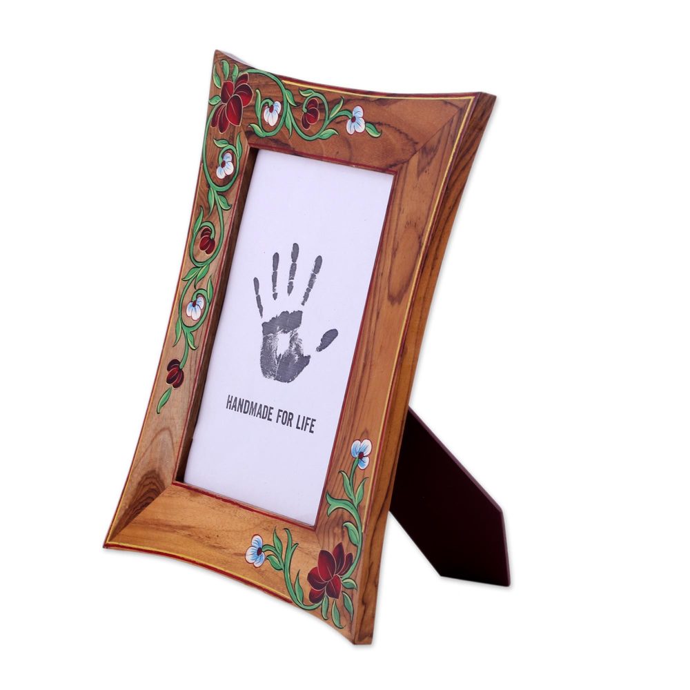 Teakwood Photo Frame, 'Hibiscus Memory' (4X6) (India)