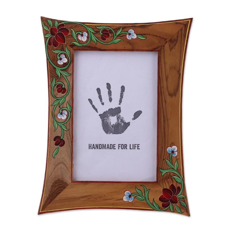 Teakwood Photo Frame, 'Hibiscus Memory' (4X6) (India)