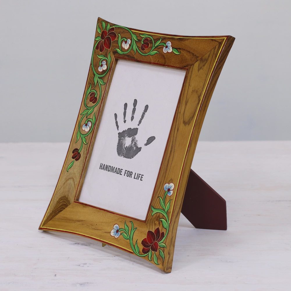 Teakwood Photo Frame, 'Hibiscus Memory' (4X6) (India)