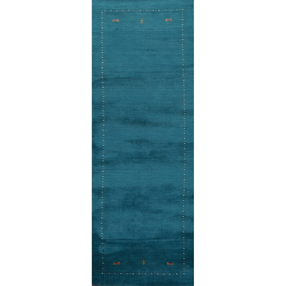 Teal Blue Gabbeh Oriental Runner Rug Handmade Wool Carpet - 2'7" x 9'10"