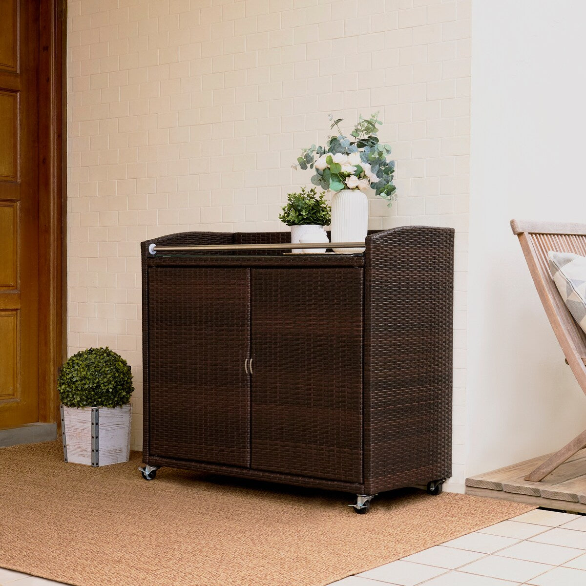 Teamson Home 39.5" Veronica Rolling Outdoor PE Rattan Bar Cart with Storage