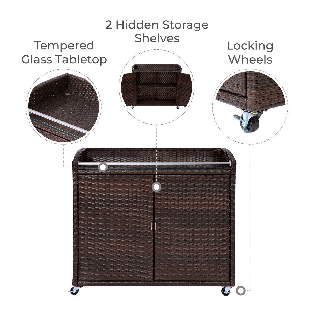 Teamson Home 39.5" Veronica Rolling Outdoor PE Rattan Bar Cart with Storage
